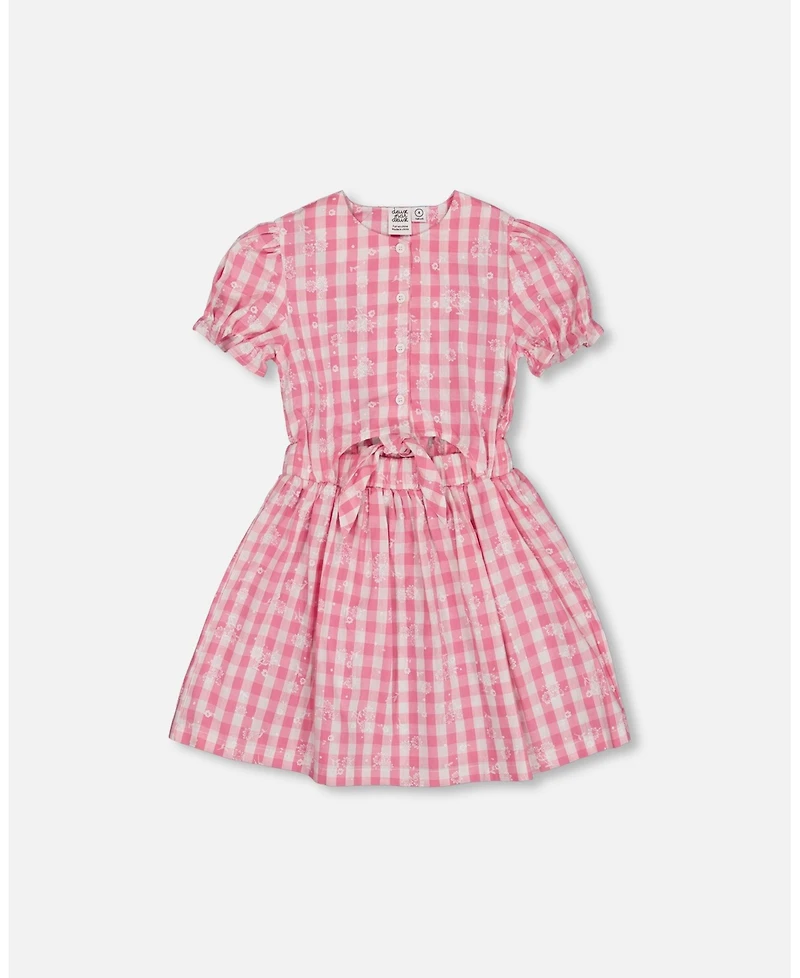 Deux par Deux Toddler Girls Puff Sleeve Dress With Waist Tie Pink And White Checks - Toddler|Child