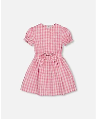 Deux par Deux Toddler Girls Puff Sleeve Dress With Waist Tie Pink And White Checks - Toddler|Child