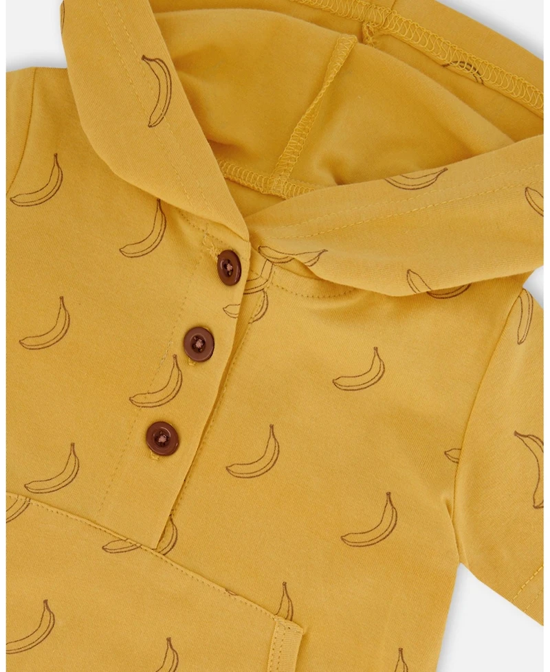 Deux par Deux Baby Boys Printed Organic Cotton Hooded Romper Yellow Bananas