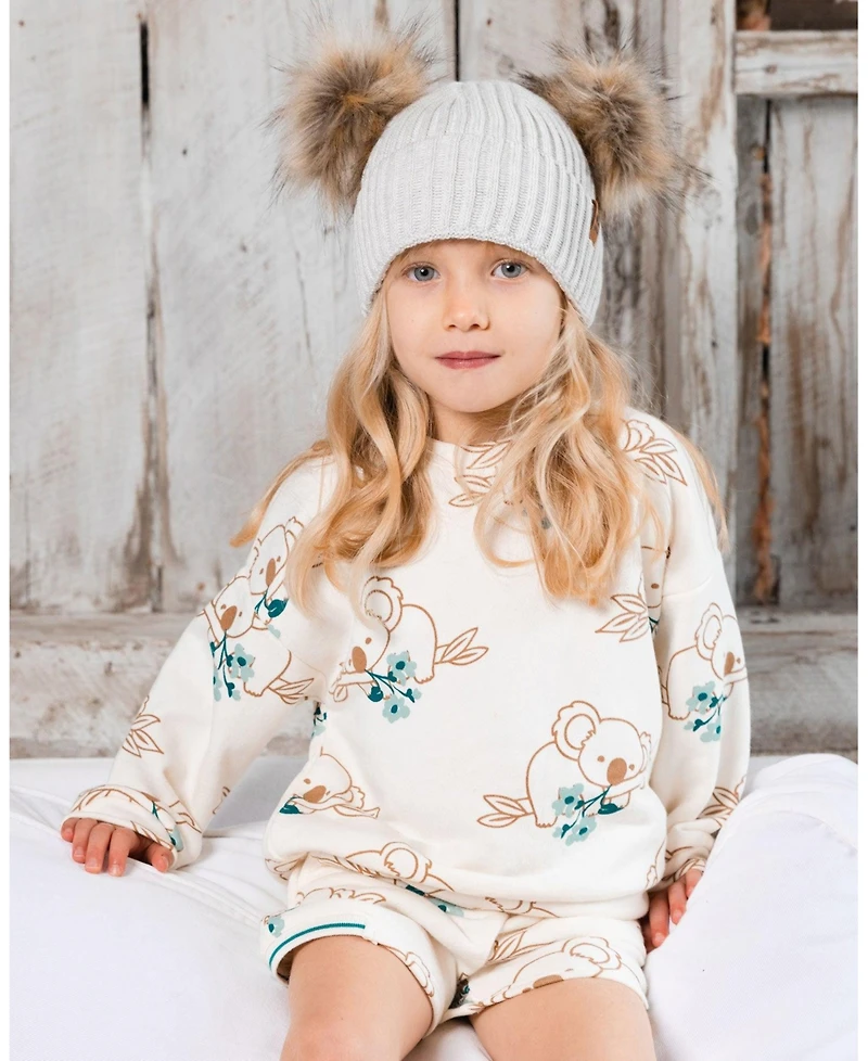 Deux par Deux Toddler Girls Printed French Terry Sweatshirt Off-White And Koala - Toddler|Child