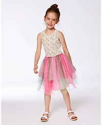 Deux par Deux Toddler Girls Bi-Material Cotton And Mesh Dress Small Flowers And Multicolored Gradient Skirt - Toddler|Child