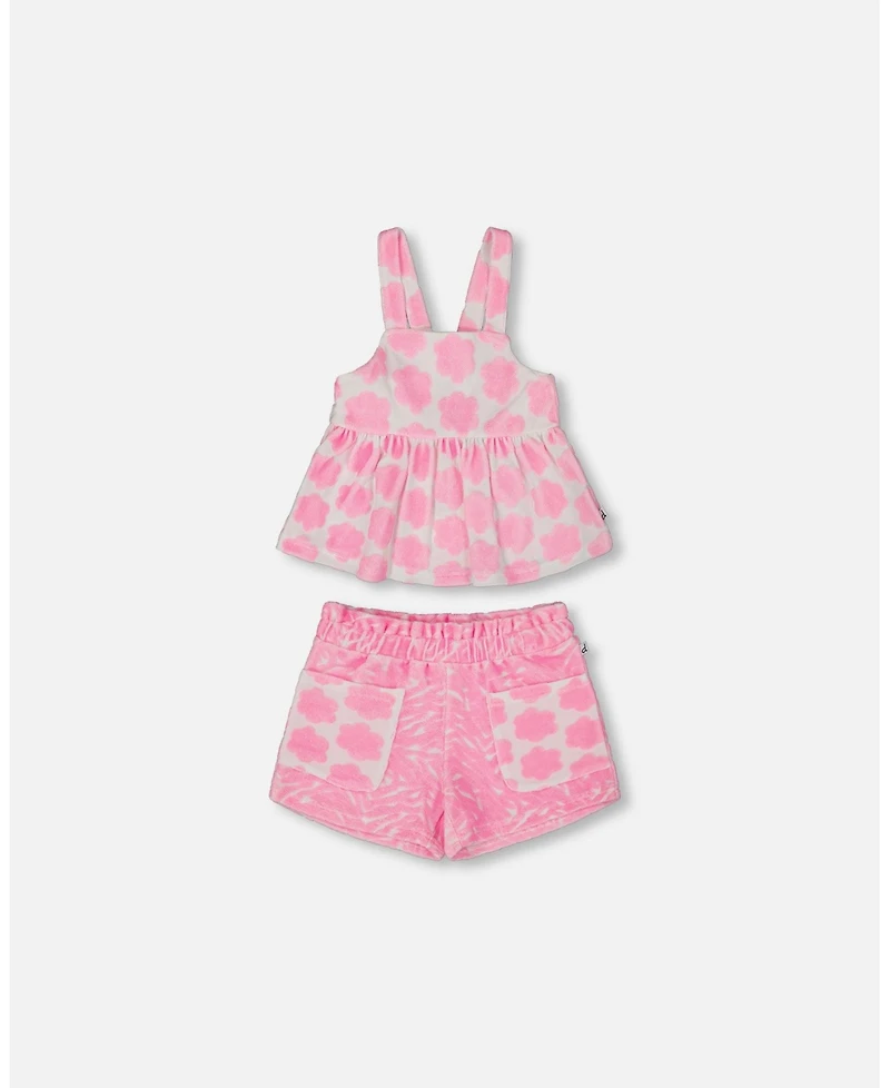 Deux par Toddler Girls Printed Terry Tank Top And Shorts Set Vibrant Pink White - Toddler|Child