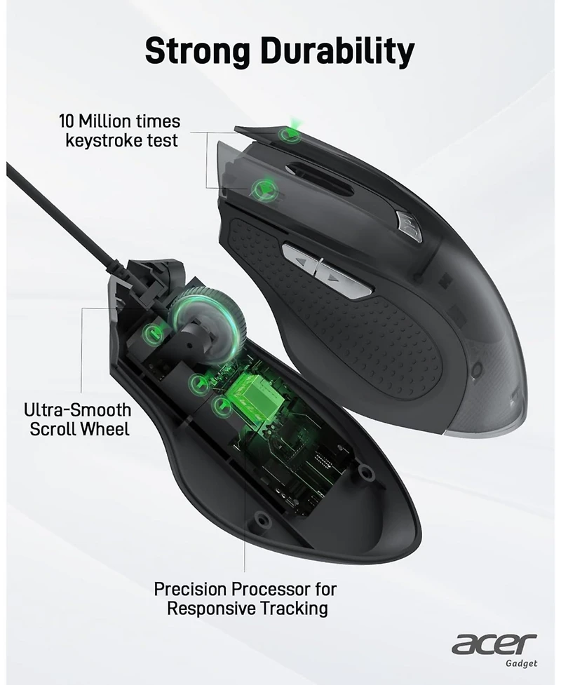 acer Wired Mouse, 4 Adjustable Dpi Usb Computer Mouse with Side Buttons, 5FT Cord Ergonomic Mouse, 6 Buttons, 3200 Dpi Optical Mouse, Compatible with