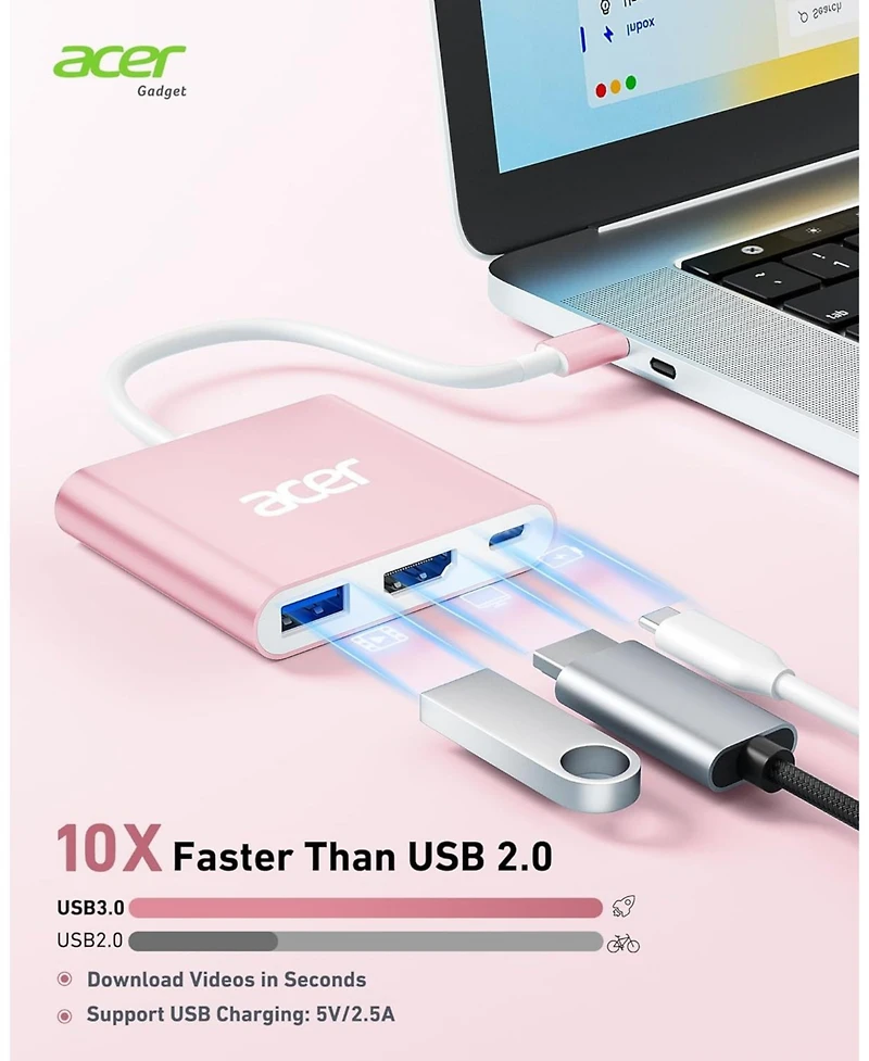 acer Usb C to Hdmi Multiport Adapter, 3 in 1 Usb C Hub with Usb 3.0 Data Port, 4K Hdmi Port & Pd Max 100W Charging for Usb C Phones, Tablets, iPad Pro