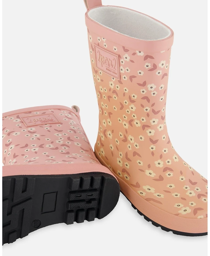 Deux par Deux Little Girls Printed Rain Boots Small White Flowers On Pale Pink