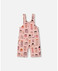 Deux par Deux Toddler Girls Printed French Terry Overalls Pink And Coral Houses - Toddler|Child