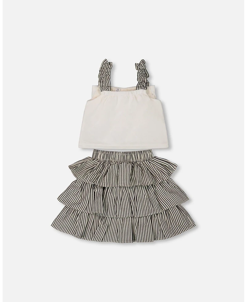 Deux par Deux Toddler Girls Bow Top And Ruffled Skirt Set White And Black Striped - Toddler|Child
