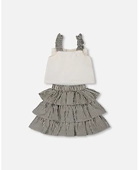 Deux par Deux Toddler Girls Bow Top And Ruffled Skirt Set White And Black Striped - Toddler|Child