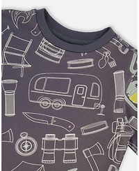 Deux par Deux Toddler Boys Printed Organic Cotton Tee Grayish Blue And Camping - Toddler|Child