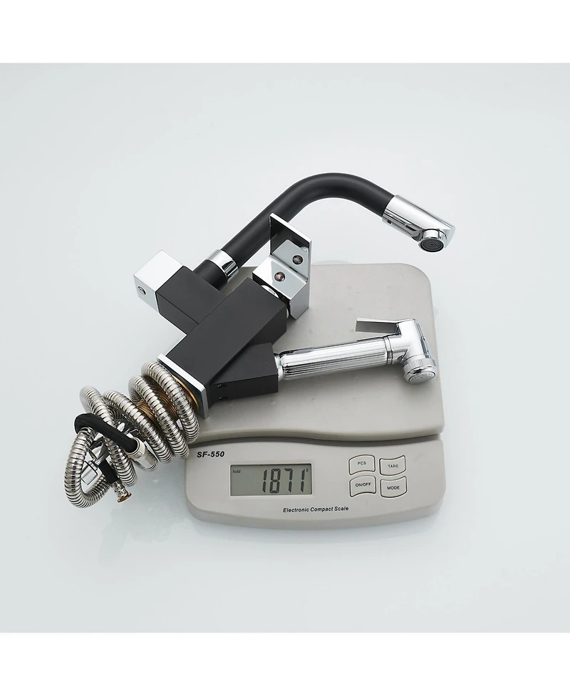 Double-Handle Pull-Out Sprayer 2 Spray Low Arc Kitchen Faucet With Deck Plate in Matte Black & Polished Chrome