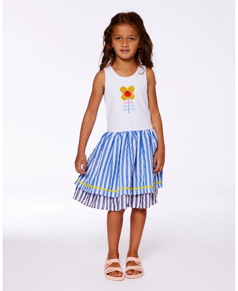 Deux par Deux Toddler Girls Bi-Material Cotton And Seersucker Dress White And Royal Blue - Toddler|Child