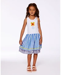 Deux par Deux Toddler Girls Bi-Material Cotton And Seersucker Dress White And Royal Blue - Toddler|Child