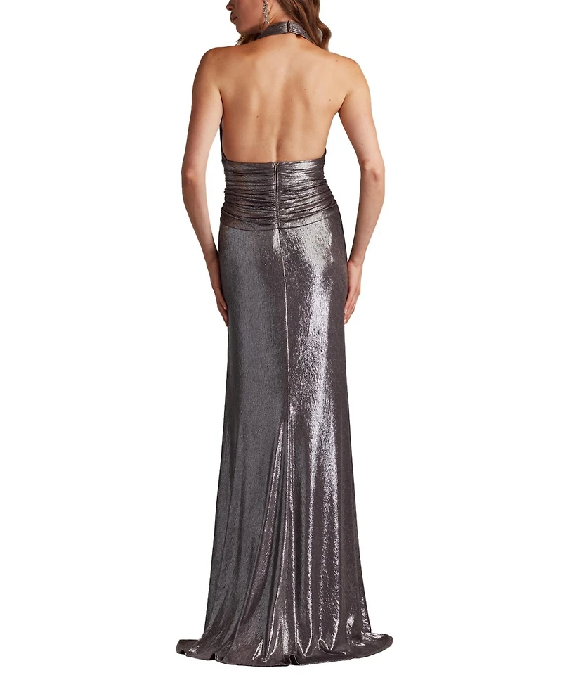 Tadashi Shoji Women's Mona Pleated Metallic Halter Gown