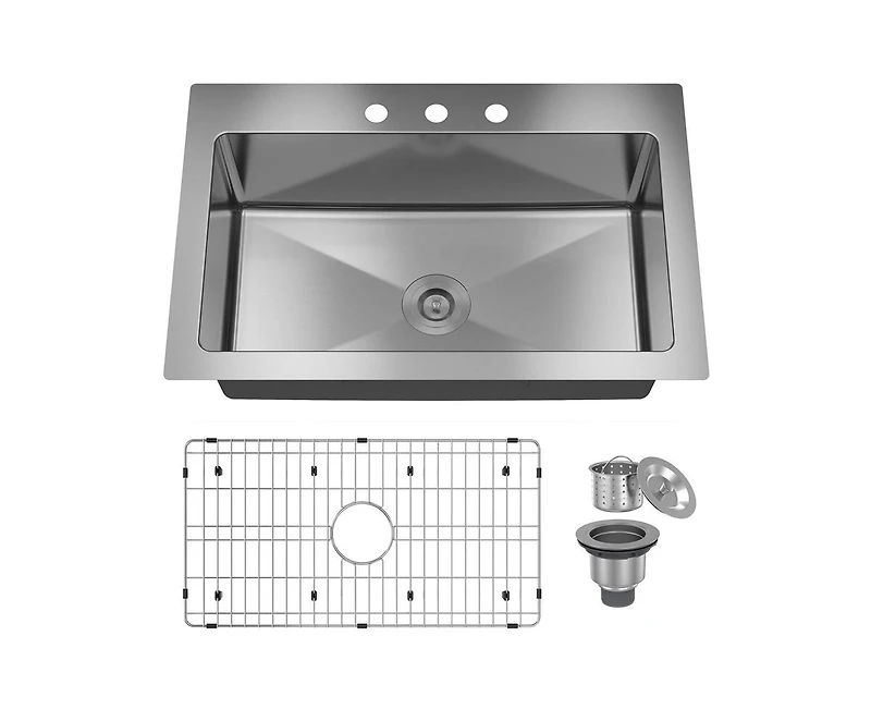 Casainc 33" L x 22" W Single Bowl Stainless Steel Topmount Kitchen Sink with Accessories