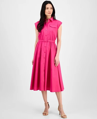 T Tahari Women's Spread-Collar Button-Front Midi Dress