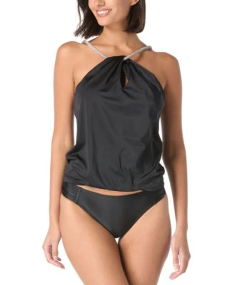 Carmen Marc Valvo High Neck Tankini Top Ruched Side Bikini Bottoms