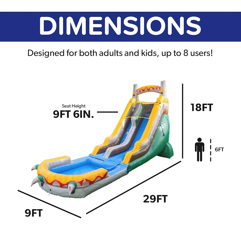 Herokiddo T-Rex 18' Water Slide with Detachable Pool & Air Blower, Tall Seating Height, Commercial Grade, 100% Pvc Vinyl, Summer Fun, Outdoor Play, Bl