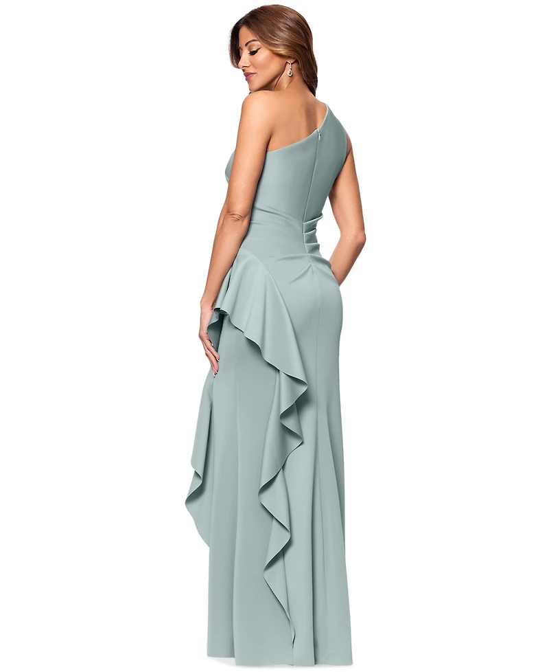Xscape Women's Ruffled One-Shoulder Scuba Gown