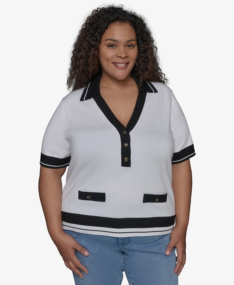 Karl Lagerfeld Paris Plus Short-Sleeve Polo Sweater