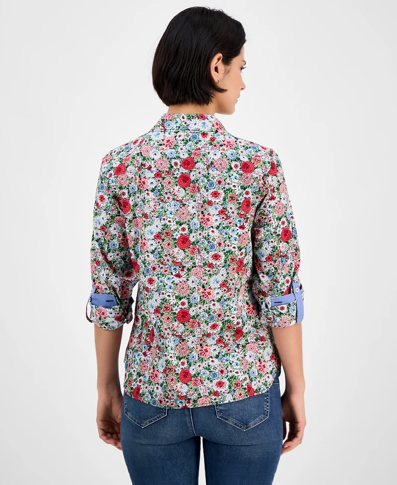 Nautica Jeans Women's Floral-Print Cotton Roll-Tab Shirt