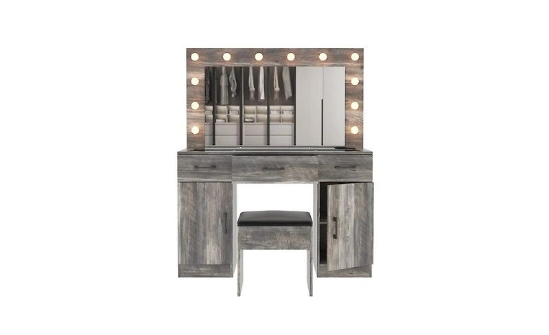 Vanity Desk Set with Large Lighted Mirror and Power Outlet for Convenient Makeup Grooming