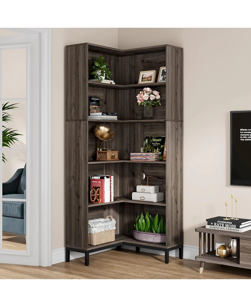 Tribesigns 71 inches Corner Bookcase, 6-Tiers L-Shaped Bookshelf, Industrial Etagere Tall Storage Display Rack, Wooden Large Freestanding Bookshelves