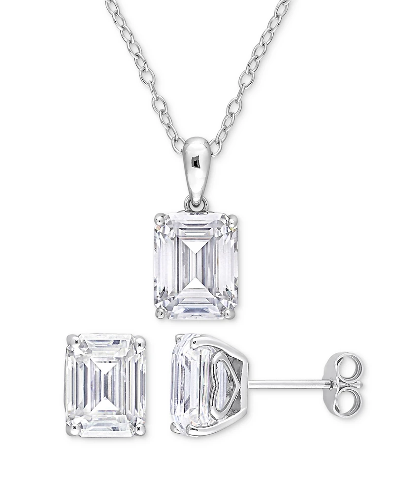 Macy's 2-Pc. Set Moissanite (7-1/2 ct. t.w.) Emerald-Cut Stud Earrings & Pendant 18" Necklace in Sterling Silver