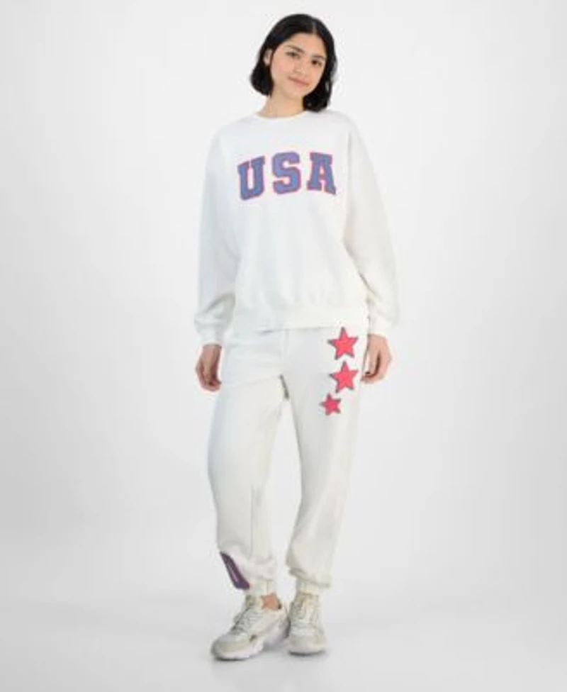 Madden Girl Juniors Patch Crewneck Fleece Sweatshirt Patchwork Fleece Jogger Sweatpants