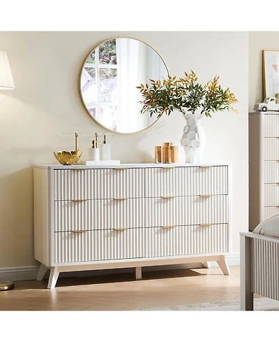 Fluted 6 Drawers Dresser, 54" Wide Modern Chest of Drawers with Faux Marble Top, Curved Profile Design, Dresser Tv Stand, Wood Drawer Organizer for Be