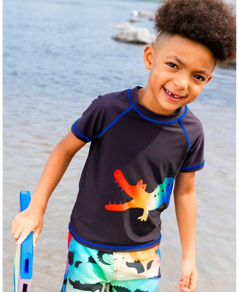 Deux par Deux Boy Short Sleeve Rashguard Black And Multicolored Crocodiles - Toddler|Child