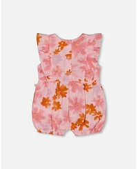 Deux par Deux Baby Girls Printed Muslin Romper Pink And Coral Flowers