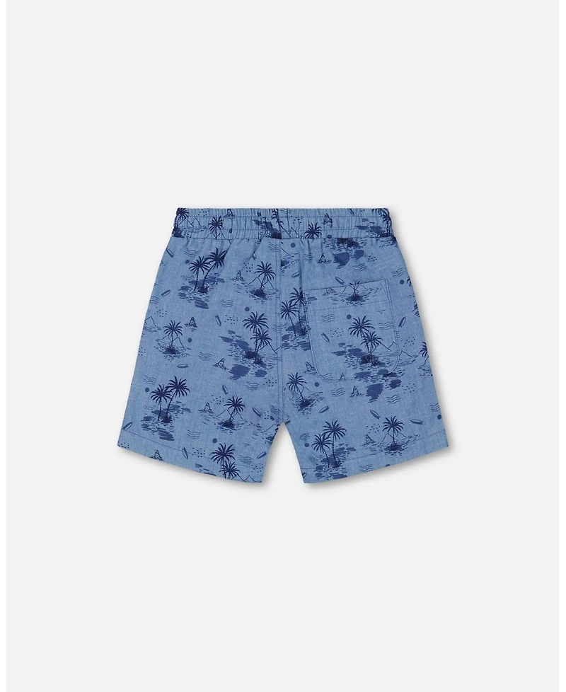 Deux par Deux Toddler Boys Printed Chambray Short Pale Blue And Navy - Toddler|Child