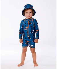 Deux par Deux Baby Boys Printed Long Sleeve One-Piece Rashguard Orange Sloths On Navy Blue