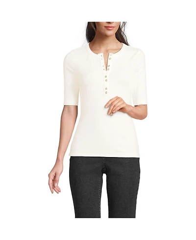 Lands' End Women's Elbow Sleeve Polished Rib Henley Top