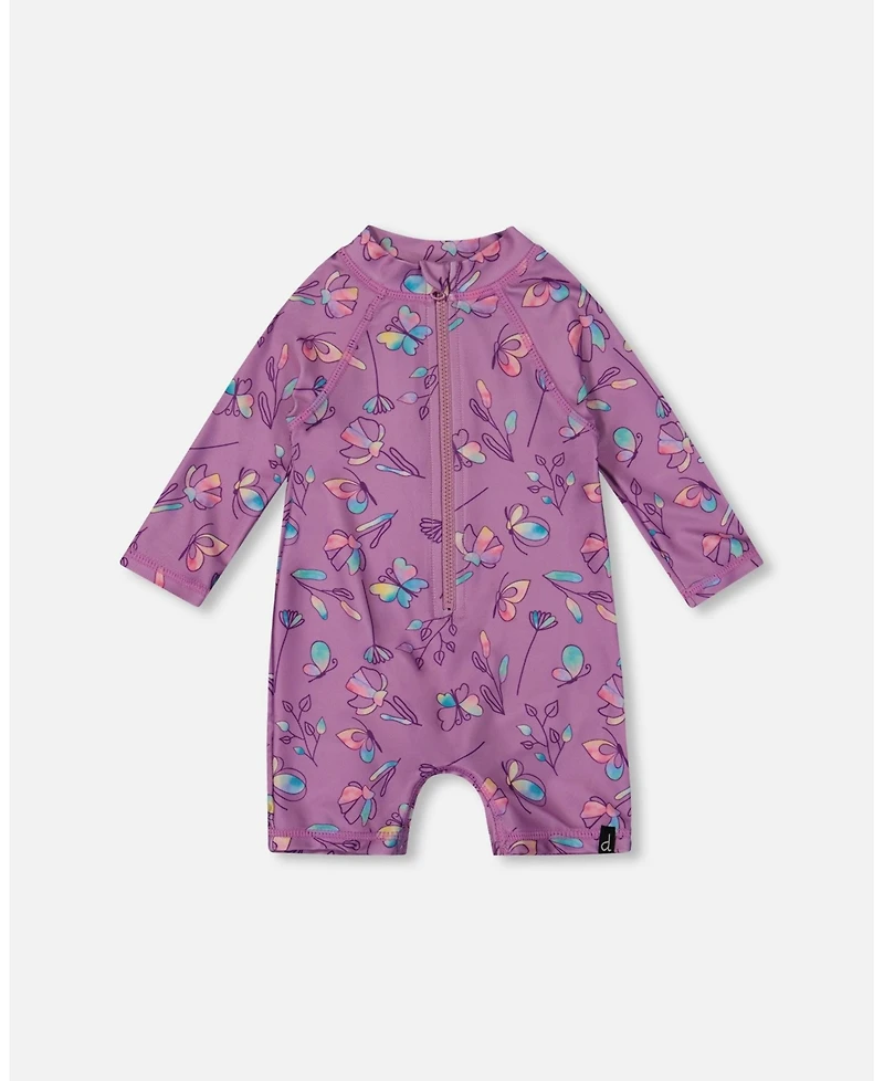 Deux par Deux Girl Printed Long Sleeve One-Piece Rashguard Old Mauve And Multicolored Butterflies - Toddler|Child