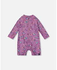 Deux par Deux Girl Printed Long Sleeve One-Piece Rashguard Old Mauve And Multicolored Butterflies - Toddler|Child