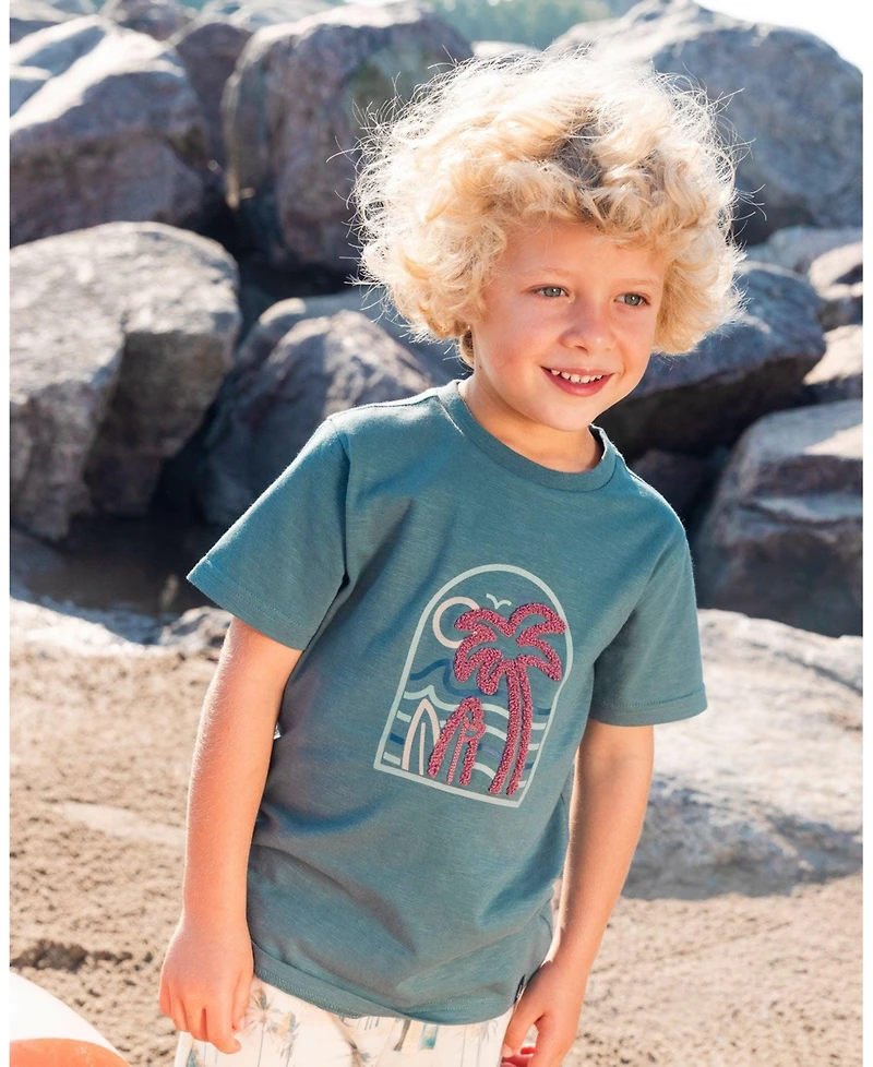 Deux par Deux Toddler Boys Short Sleeve Organic Cotton Graphic Tee Teal And Dark Old Rose - Toddler|Child