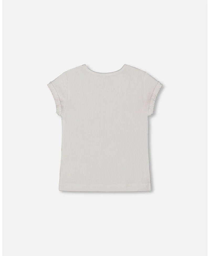 Deux par Deux Baby Girls Flat Back Rib Top With Print White And Pink House