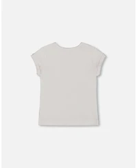 Deux par Deux Baby Girls Flat Back Rib Top With Print White And Pink House