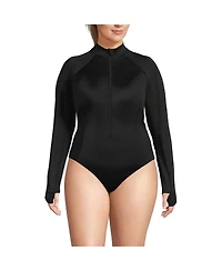 Lands' End Plus Tugless Long Sleeve Rash Guard One Piece Swimsuit