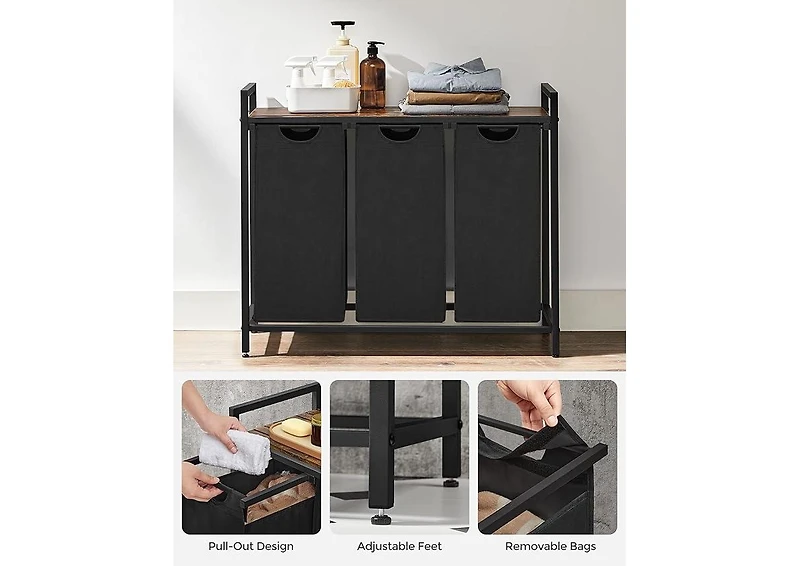Songmics Home Laundry Hamper – 3-Bag Laundry Sorter with Pull-Out Removable Bags, Metal Frame, Rustic Brown and Black