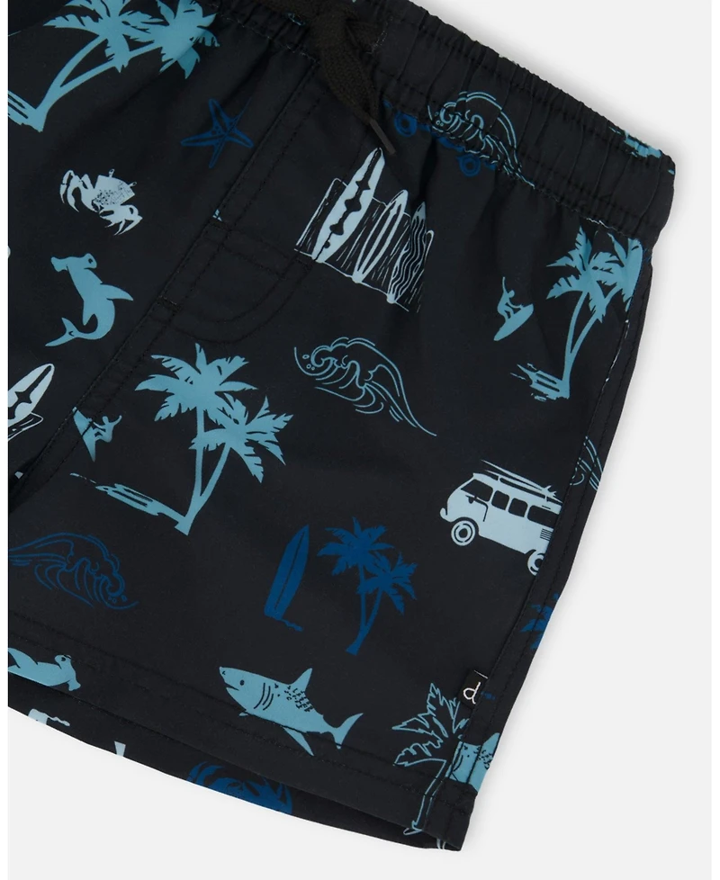 Deux par Deux Boys Printed Swim Trunks Light Blue Beach On Black