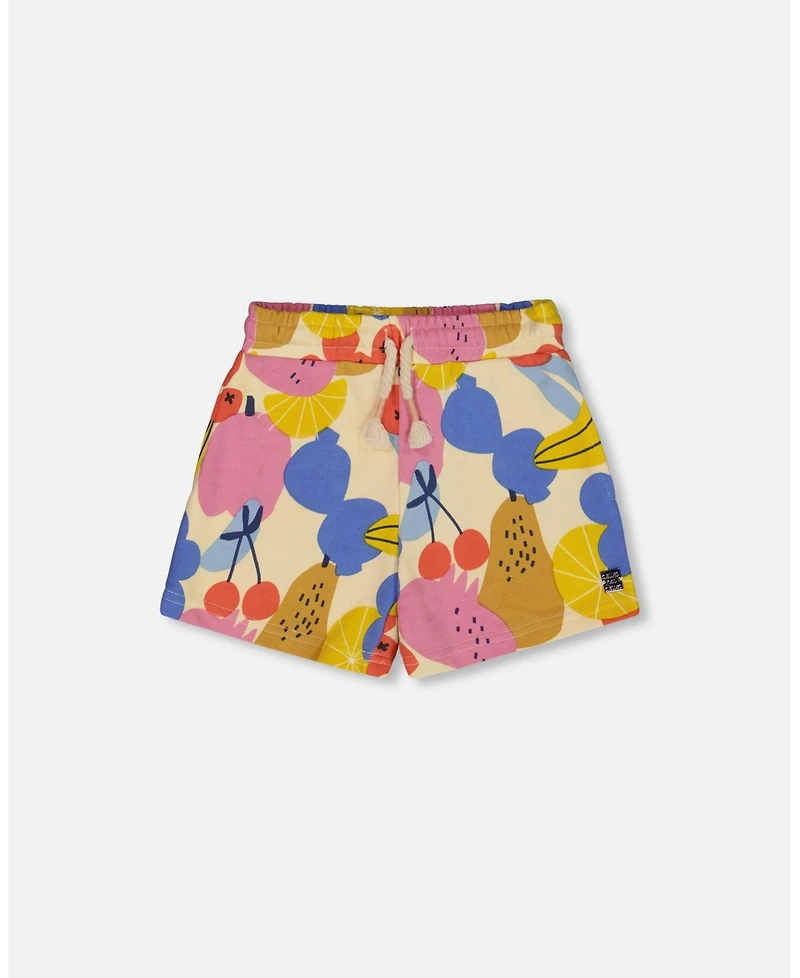 Deux par Toddler Girls Printed French Terry Short Fruits On Yellow Background - Toddler|Child