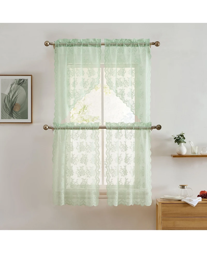 Hlc.me Jolene Floral Rod Pocket Lace Semi Sheer Voile Short Cafe Tiers for Small Windows - 28 x 24 Inch Length (Seafoam Green Tiers, Set of 2)