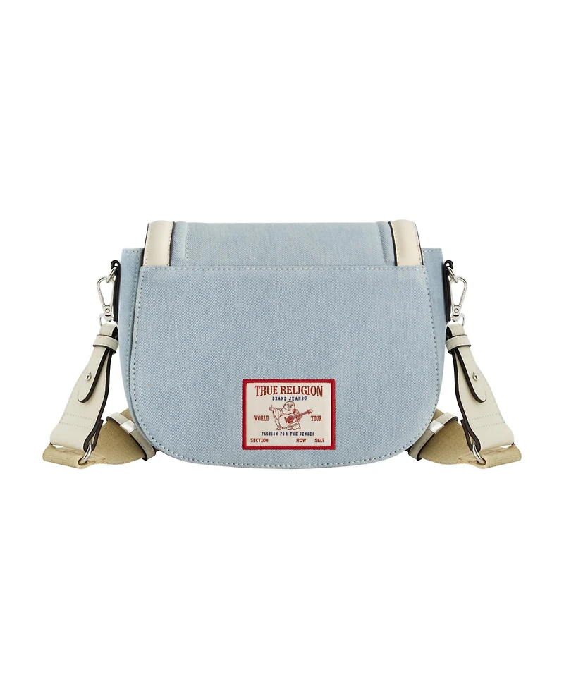 True Religion Distressed Logo Denim Saddle Bag