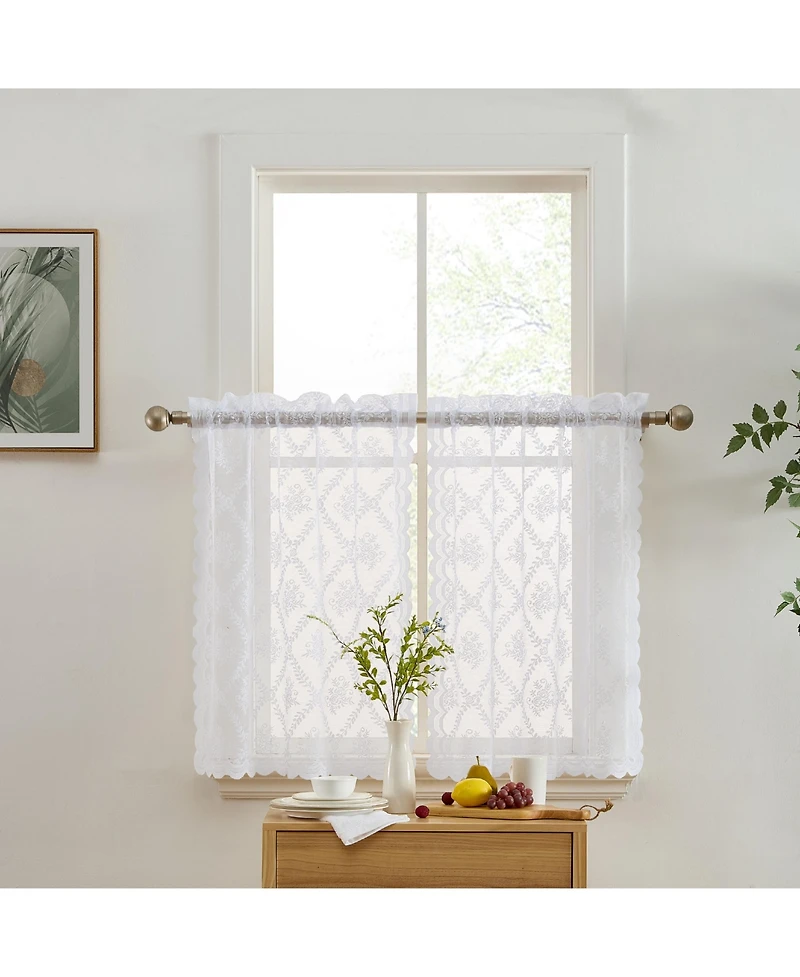 Hlc.me Isabella Floral Rod Pocket Lace Semi Sheer Voile Short Cafe Tiers for Small Windows - 28 x Inch Length (White Tiers