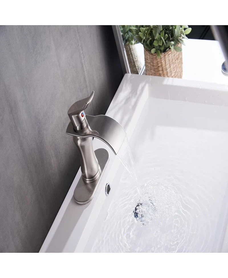 Waterfall Single Hole Single-Handle Low-Arc Bathroom Faucet With Pop-up Drain Assembly in Brushed Nickel