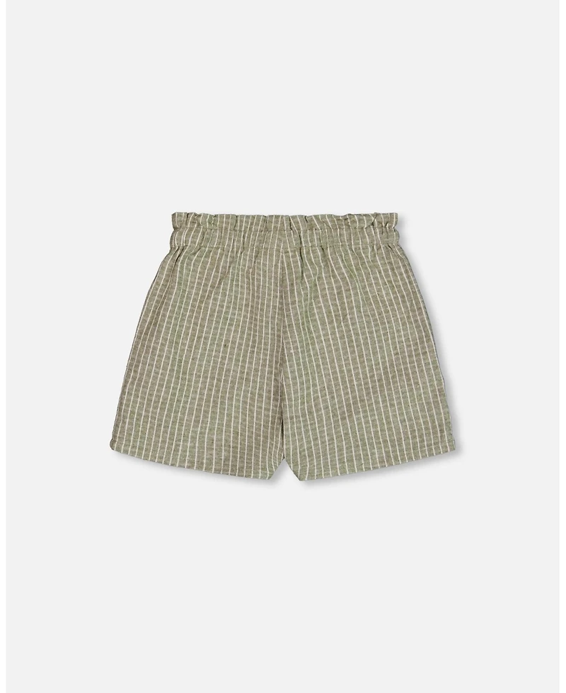 Deux par Deux Big Girls Linen Short With Pockets Medium Green And Cream Striped