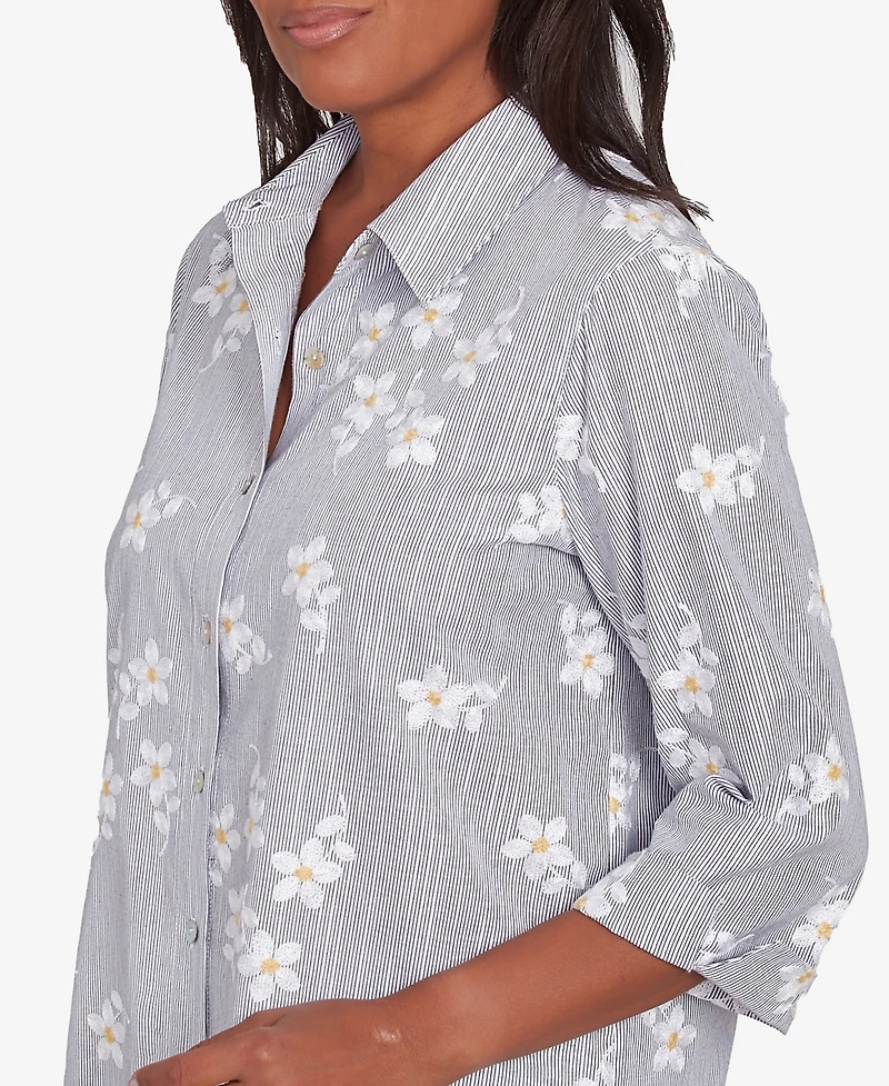 Alfred Dunner Women's Dress Code Flower Embroidered Button Down Striped Top