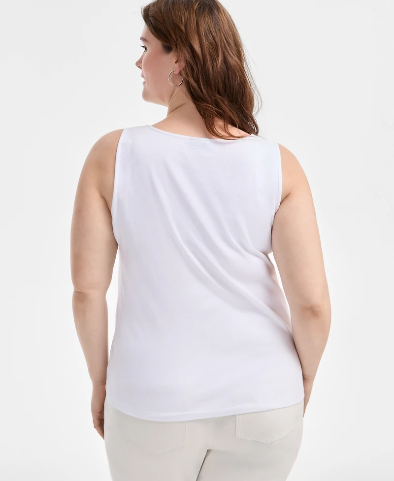 Style & Co Plus Solid-Color Scalloped V-Neck Tank Top, Exclusively at Macy's